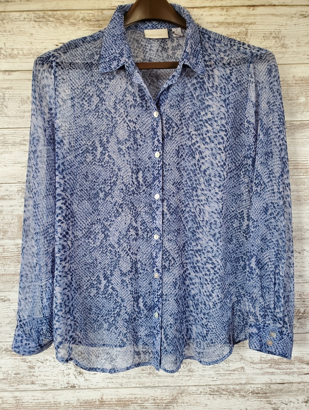 Chico's Sheer Snake Print Blue Long Sleeve Button Down Blouse